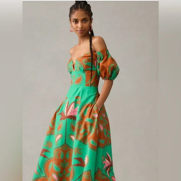 NWT Anthropologie Maeve Green and Orange Off-Shoulder Midi Dress Size 2 - Picture 3 of 8